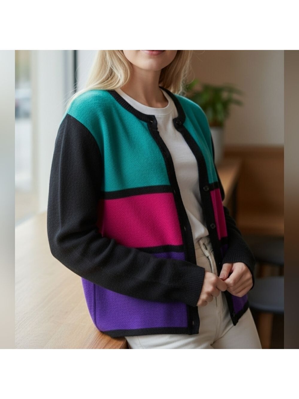 L • Jessica • 80s Colourblock Button Up Cardigan